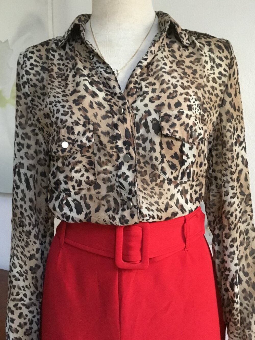 MOA Leopard Print Blouse Top  Button Down Roll Sleeve Chiffon Casual   S